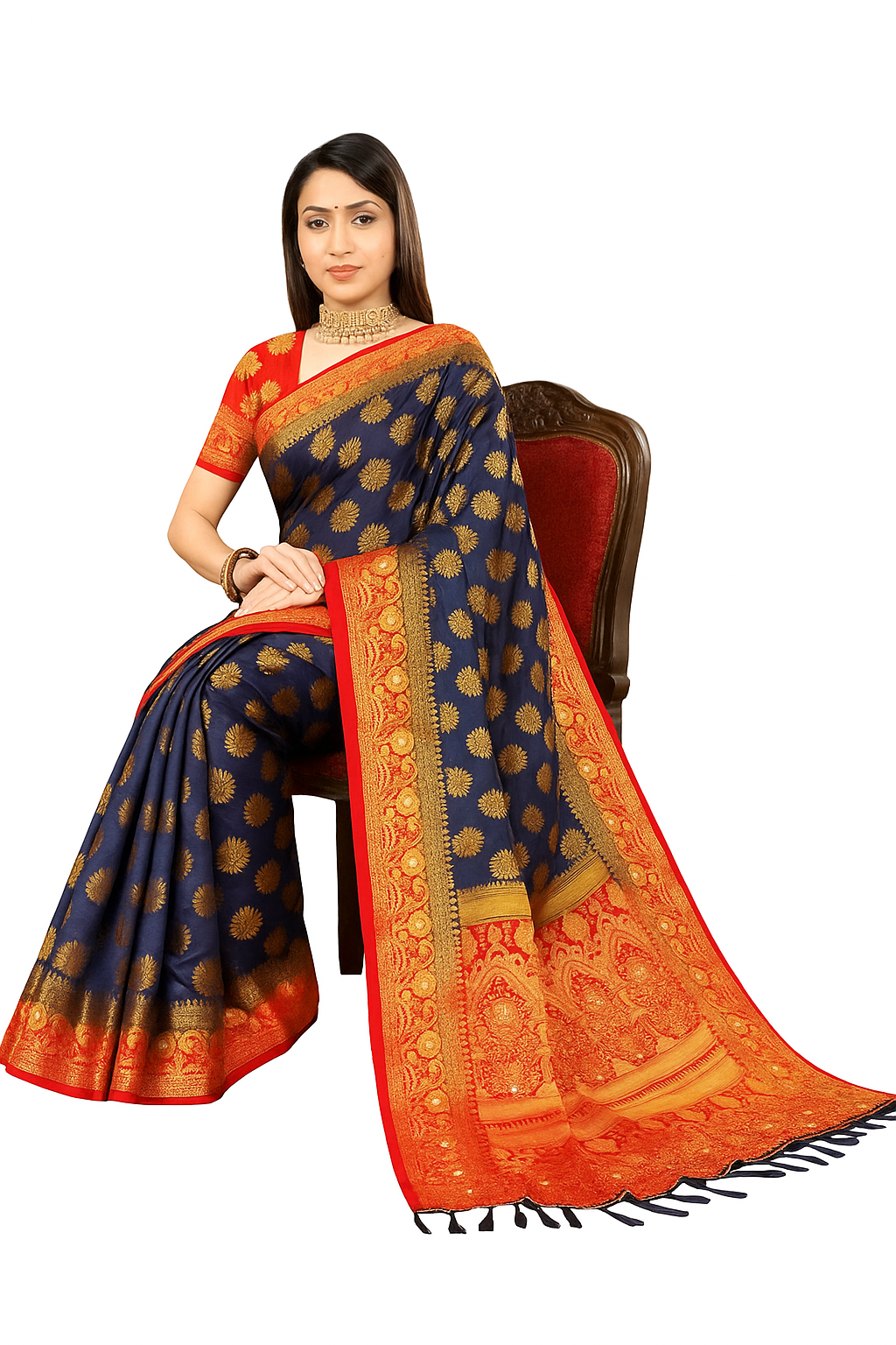 Balaton Buti Navy Blue Banarasi Silk Saree with Zari Woven Border & Matching Blouse | Premium Traditional Wear