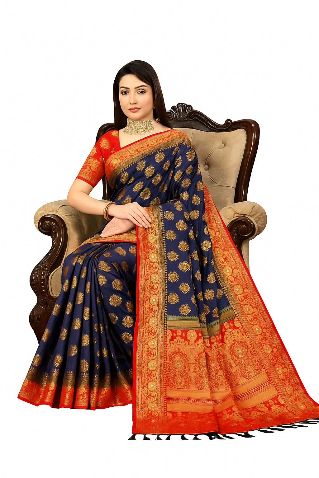 Balaton Buti Navy Blue Banarasi Silk Saree with Zari Woven Border & Matching Blouse | Premium Traditional Wear