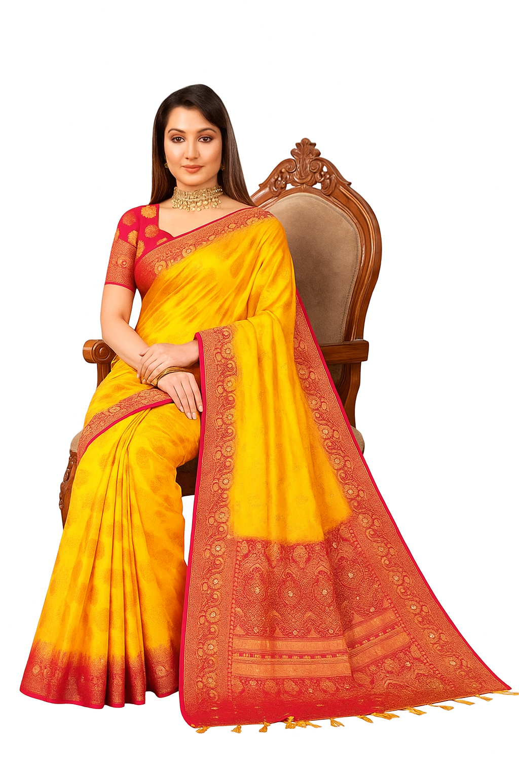 Balaton Buti Yellowe Banarasi Silk Saree with Zari Woven Border & Matching Blouse | Premium Traditional Wear