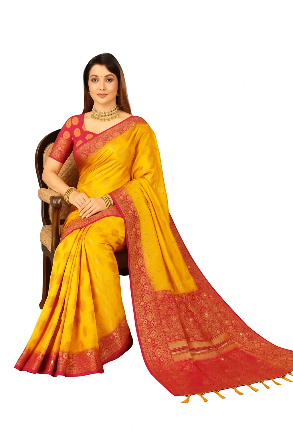 Balaton Buti Yellowe Banarasi Silk Saree with Zari Woven Border & Matching Blouse | Premium Traditional Wear