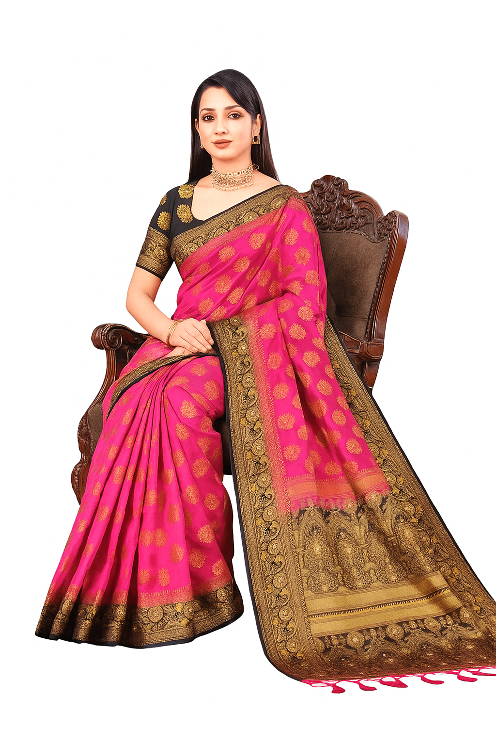 Balaton Buti Pink Banarasi Silk Saree with Zari Woven Border & Matching Blouse | Premium Traditional Wear