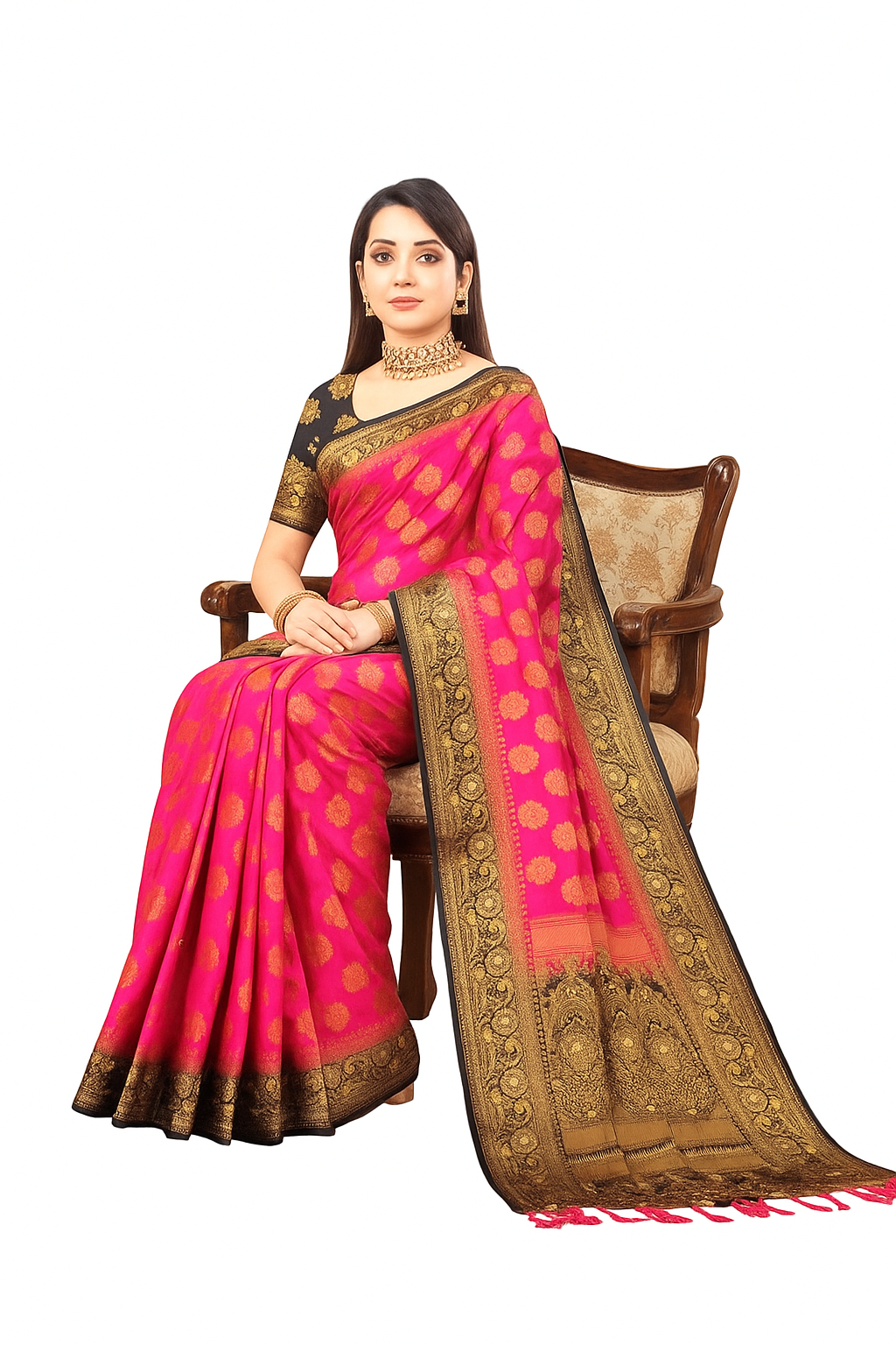 Balaton Buti Pink Banarasi Silk Saree with Zari Woven Border & Matching Blouse | Premium Traditional Wear