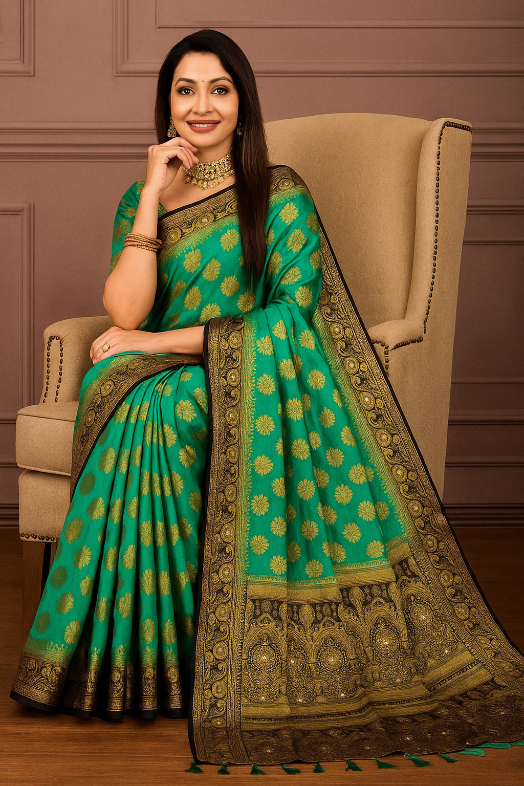 Balaton Buti Teal Banarasi Silk Saree with Zari Woven Border & Matching Blouse | Premium Traditional Wear