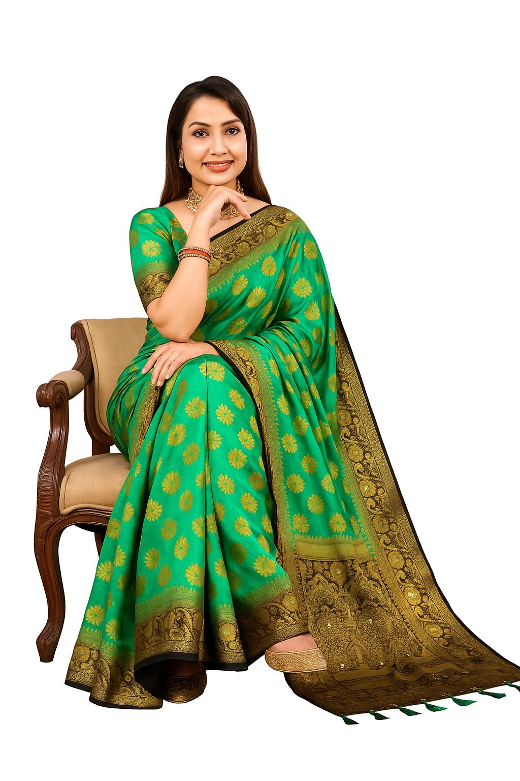 Balaton Buti Teal Banarasi Silk Saree with Zari Woven Border & Matching Blouse | Premium Traditional Wear