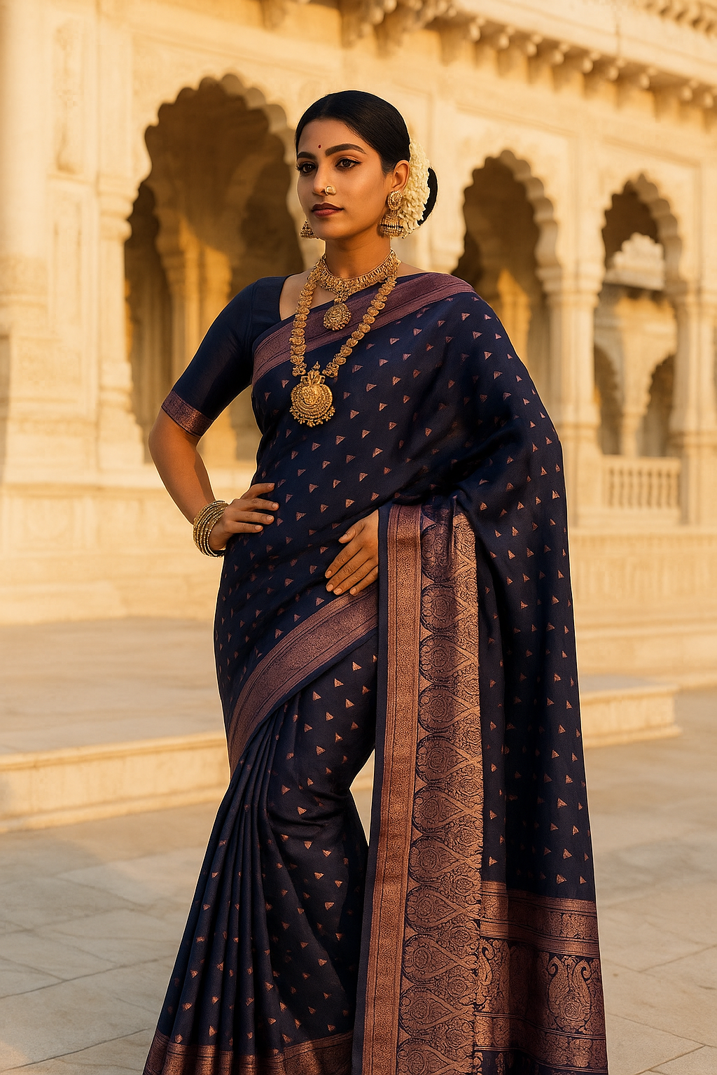 "Royal Blue Banarasi Silk Saree with Rose Pink Zari Border – Wedding & Festive Wear"