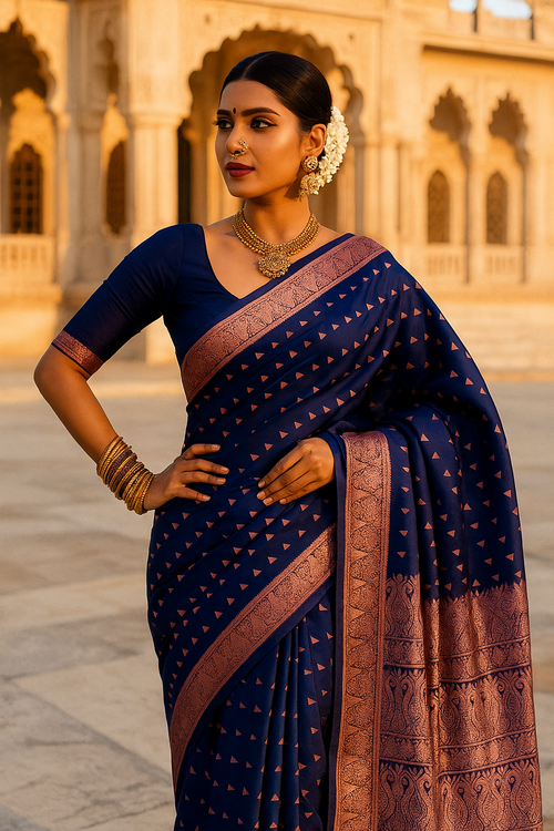 "Royal Blue Banarasi Silk Saree with Rose Pink Zari Border – Wedding & Festive Wear"