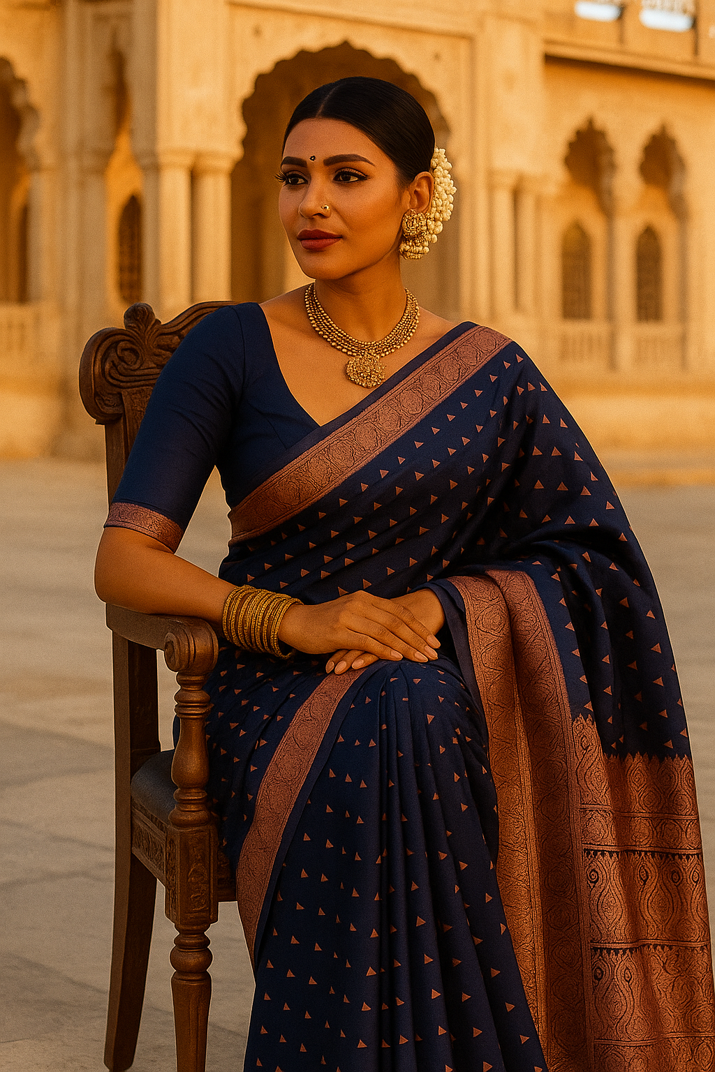 "Royal Blue Banarasi Silk Saree with Rose Pink Zari Border – Wedding & Festive Wear"