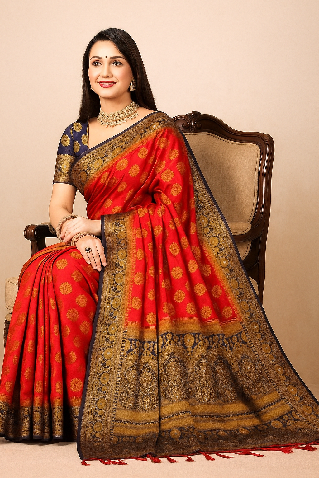 Balaton Buti Orange Banarasi Silk Saree with Zari Woven Border & Matching Blouse | Premium Traditional Wear