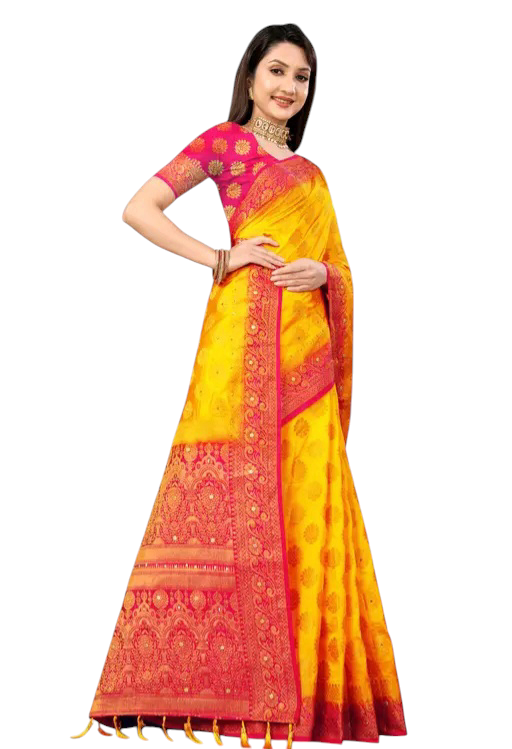 Balaton Buti Yellowe Banarasi Silk Saree with Zari Woven Border & Matching Blouse | Premium Traditional Wear