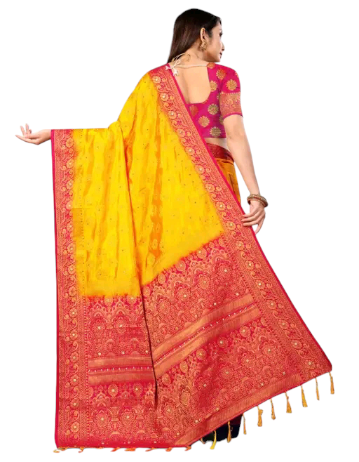 Balaton Buti Yellowe Banarasi Silk Saree with Zari Woven Border & Matching Blouse | Premium Traditional Wear