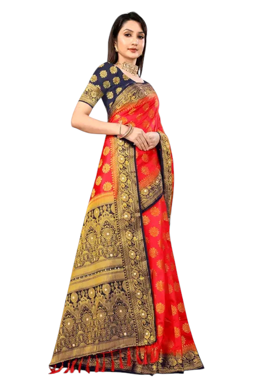 Balaton Buti Orange Banarasi Silk Saree with Zari Woven Border & Matching Blouse | Premium Traditional Wear