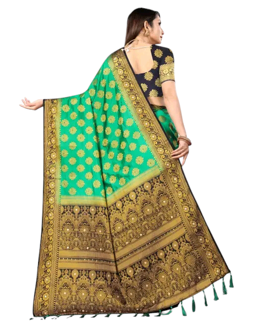 Balaton Buti Teal Banarasi Silk Saree with Zari Woven Border & Matching Blouse | Premium Traditional Wear