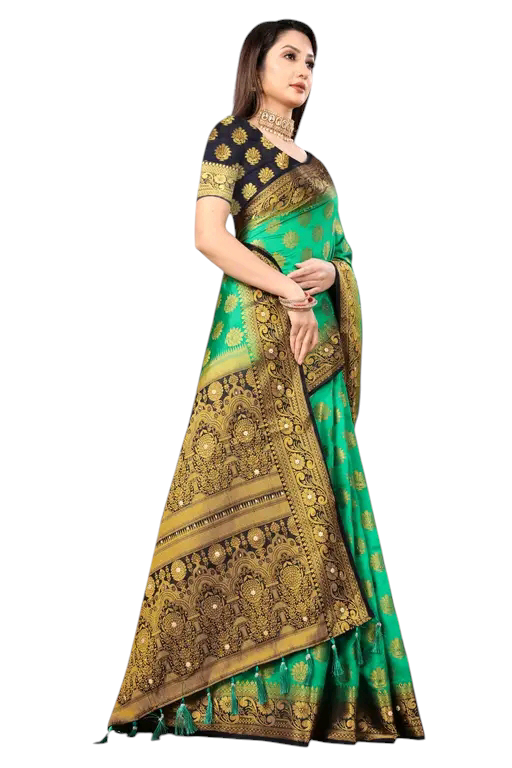 Balaton Buti Teal Banarasi Silk Saree with Zari Woven Border & Matching Blouse | Premium Traditional Wear