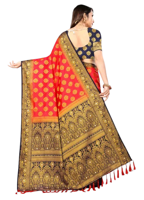 Balaton Buti Orange Banarasi Silk Saree with Zari Woven Border & Matching Blouse | Premium Traditional Wear