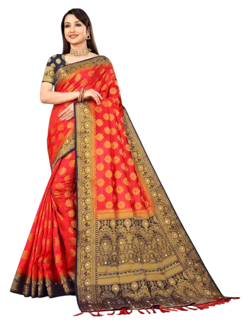 Balaton Buti Orange Banarasi Silk Saree with Zari Woven Border & Matching Blouse | Premium Traditional Wear