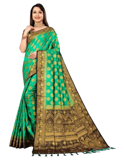 Balaton Buti Teal Banarasi Silk Saree with Zari Woven Border & Matching Blouse | Premium Traditional Wear