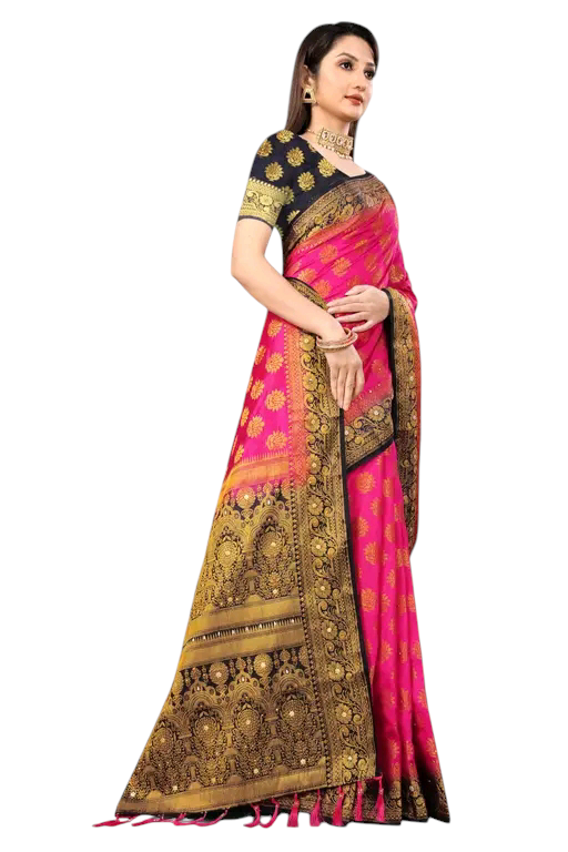 Balaton Buti Pink Banarasi Silk Saree with Zari Woven Border & Matching Blouse | Premium Traditional Wear