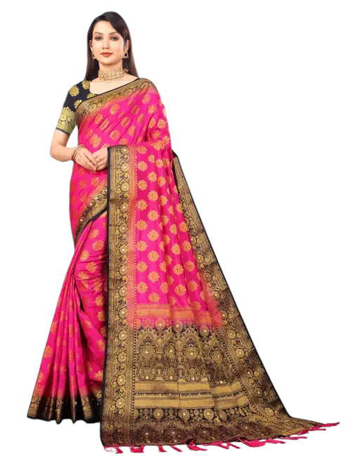 Balaton Buti Pink Banarasi Silk Saree with Zari Woven Border & Matching Blouse | Premium Traditional Wear