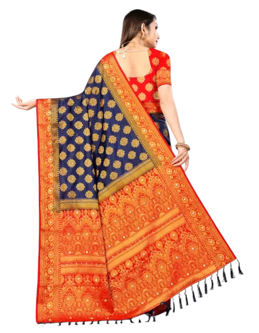 Balaton Buti Navy Blue Banarasi Silk Saree with Zari Woven Border & Matching Blouse | Premium Traditional Wear