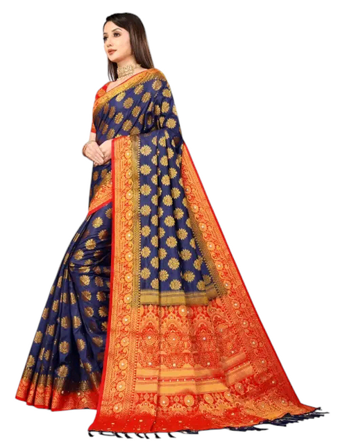 Balaton Buti Navy Blue Banarasi Silk Saree with Zari Woven Border & Matching Blouse | Premium Traditional Wear