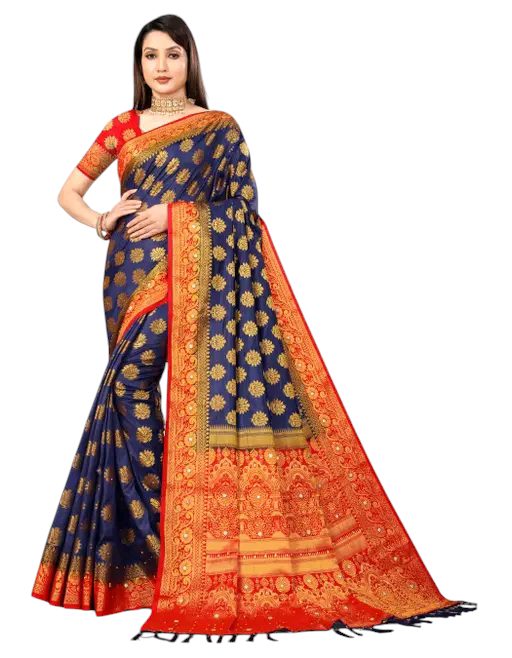 Balaton Buti Navy Blue Banarasi Silk Saree with Zari Woven Border & Matching Blouse | Premium Traditional Wear