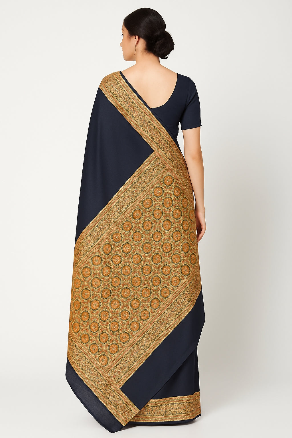 Classic Navy Blue Banarasi Style Saree with Intricate Golden Detailing
