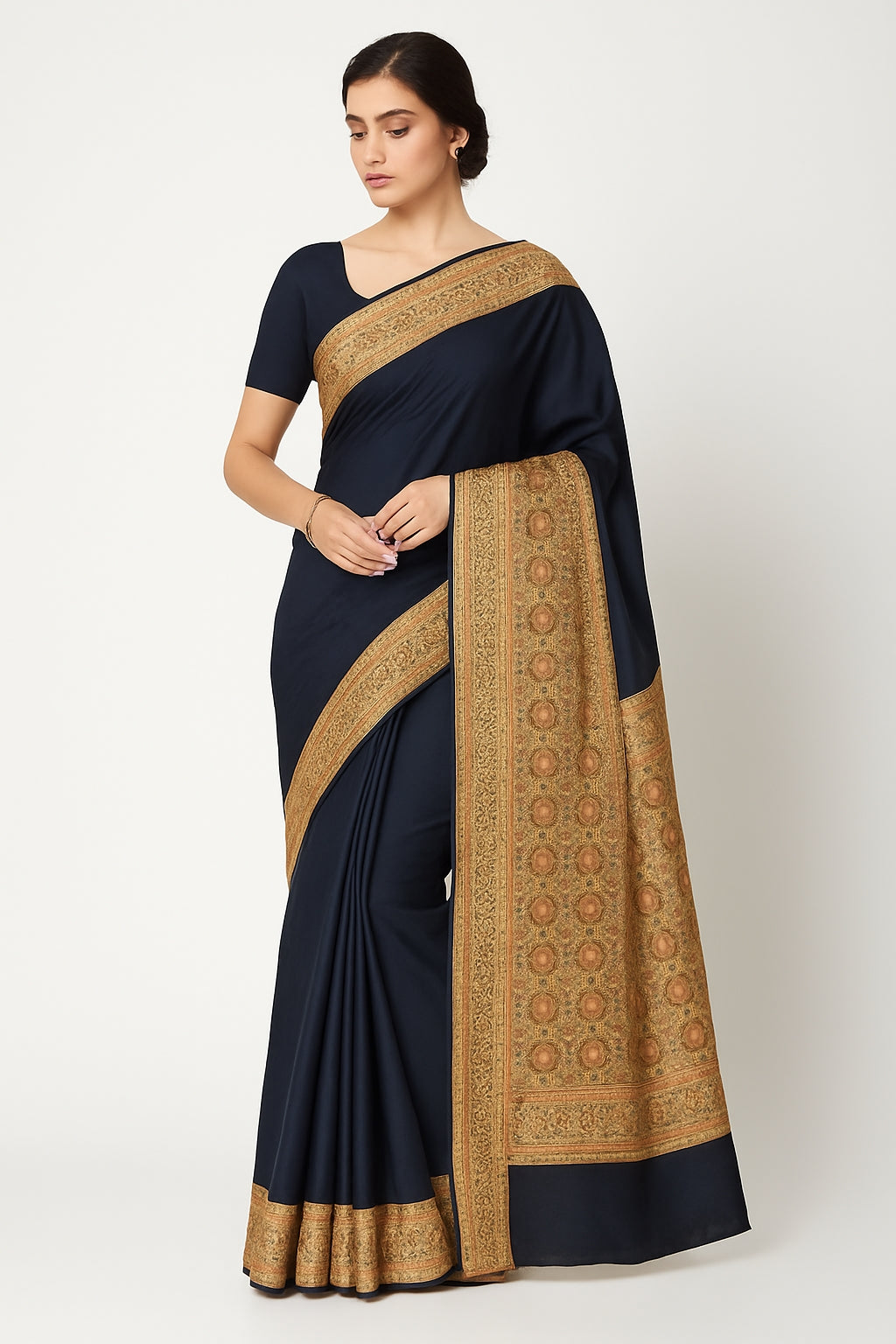 Classic Navy Blue Banarasi Style Saree with Intricate Golden Detailing