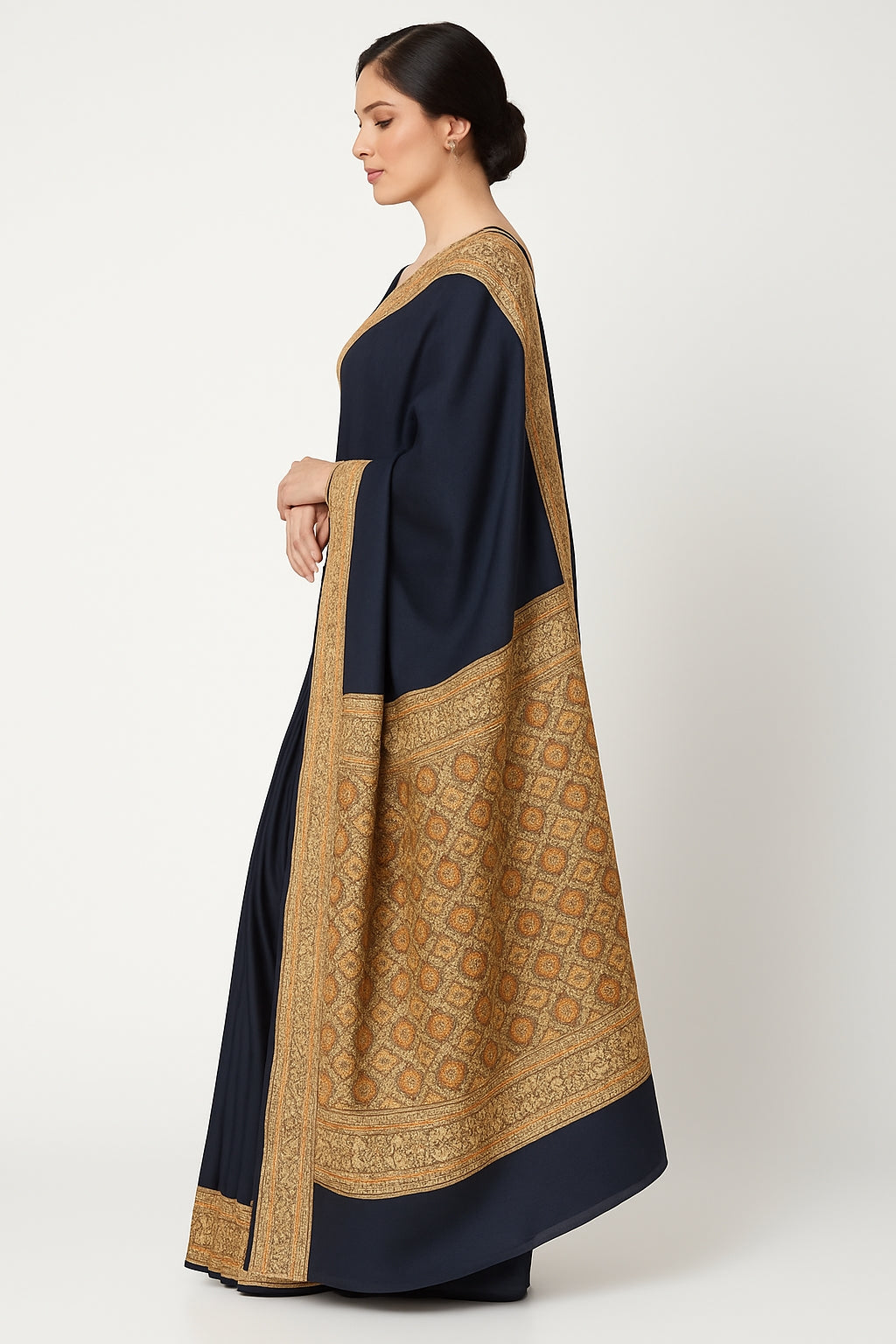 Classic Navy Blue Banarasi Style Saree with Intricate Golden Detailing