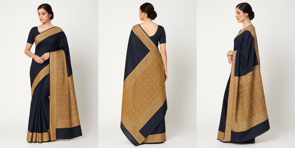 Classic Navy Blue Banarasi Style Saree with Intricate Golden Detailing