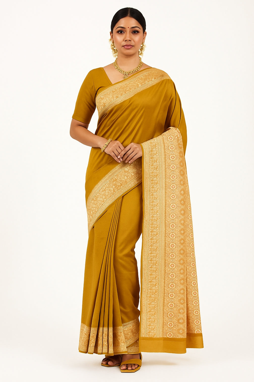 Royal Look Mustard Saree in Gadwal Style with Banarasi Woven Detailing